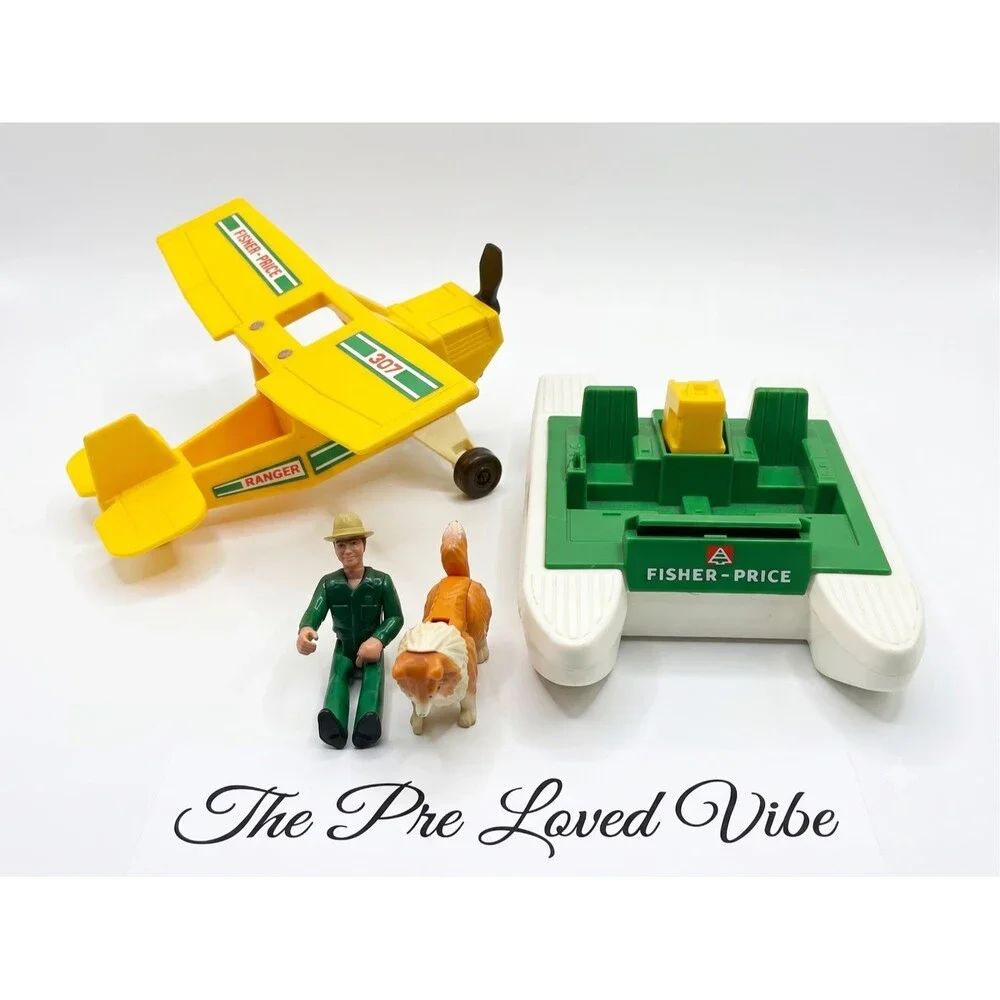 Vintage Fisher Price Adventure People Yellow Patrol Ranger PLANE 307 &Boat 1976